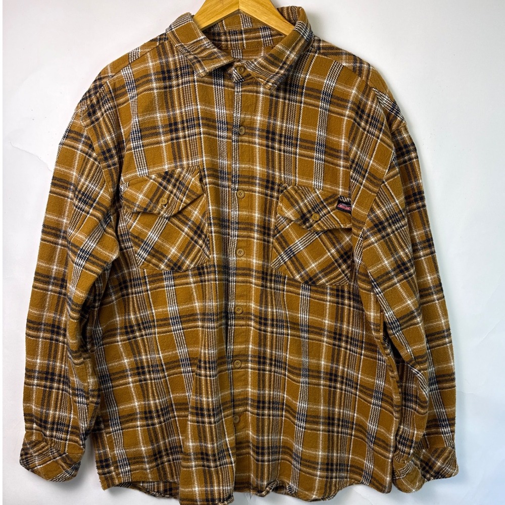 Genuine Dickies Mens 2XL Flannel Shirt Mustard Yellow Plaid Long Sleeve RN123187